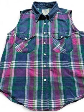 Vtg Pasta 80s/90s Country Mom Sleeveless Plaid Purple Pink Button-Down Shirt S